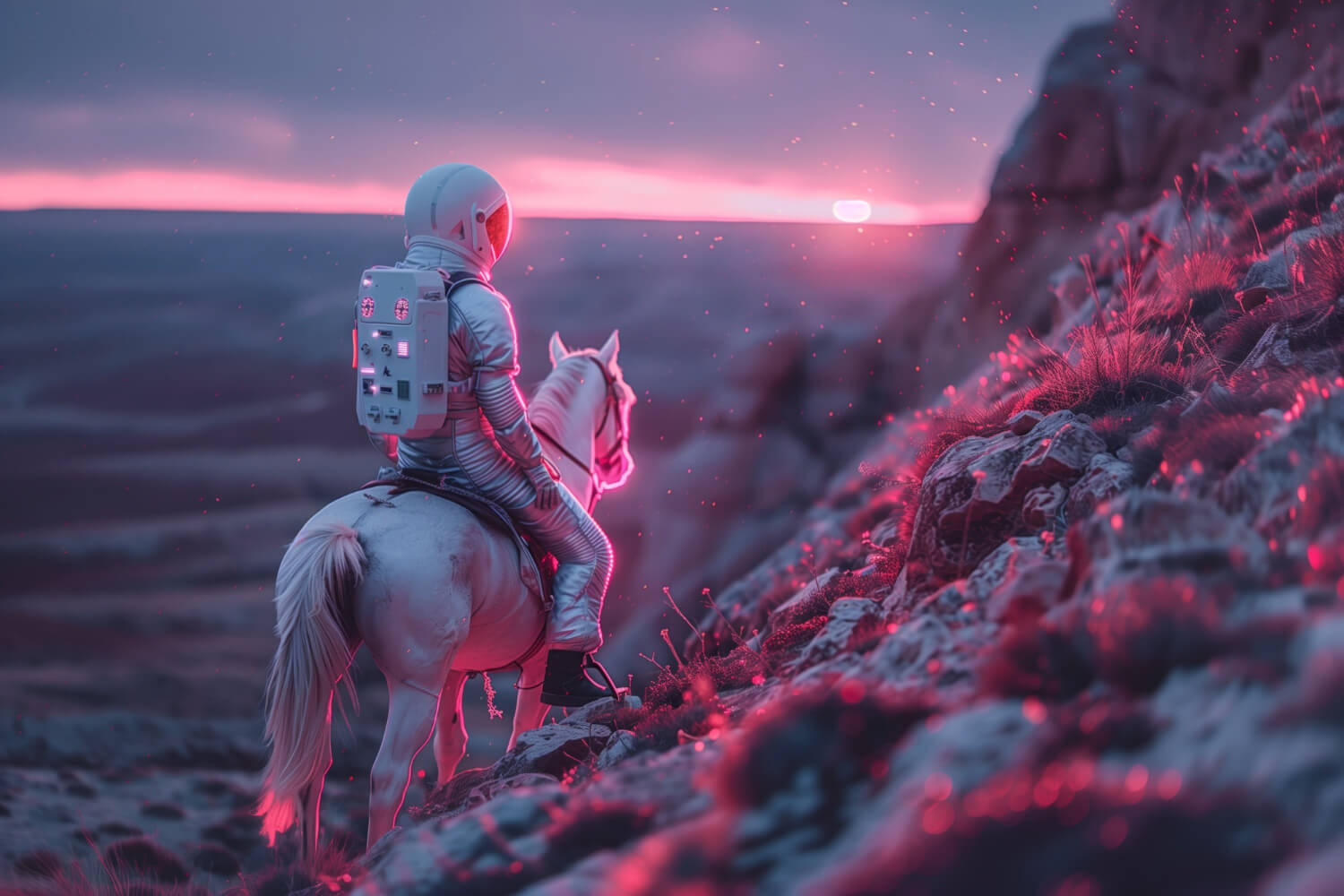 AI-generert kunst: Astronaut på hest i surrealistisk landskap