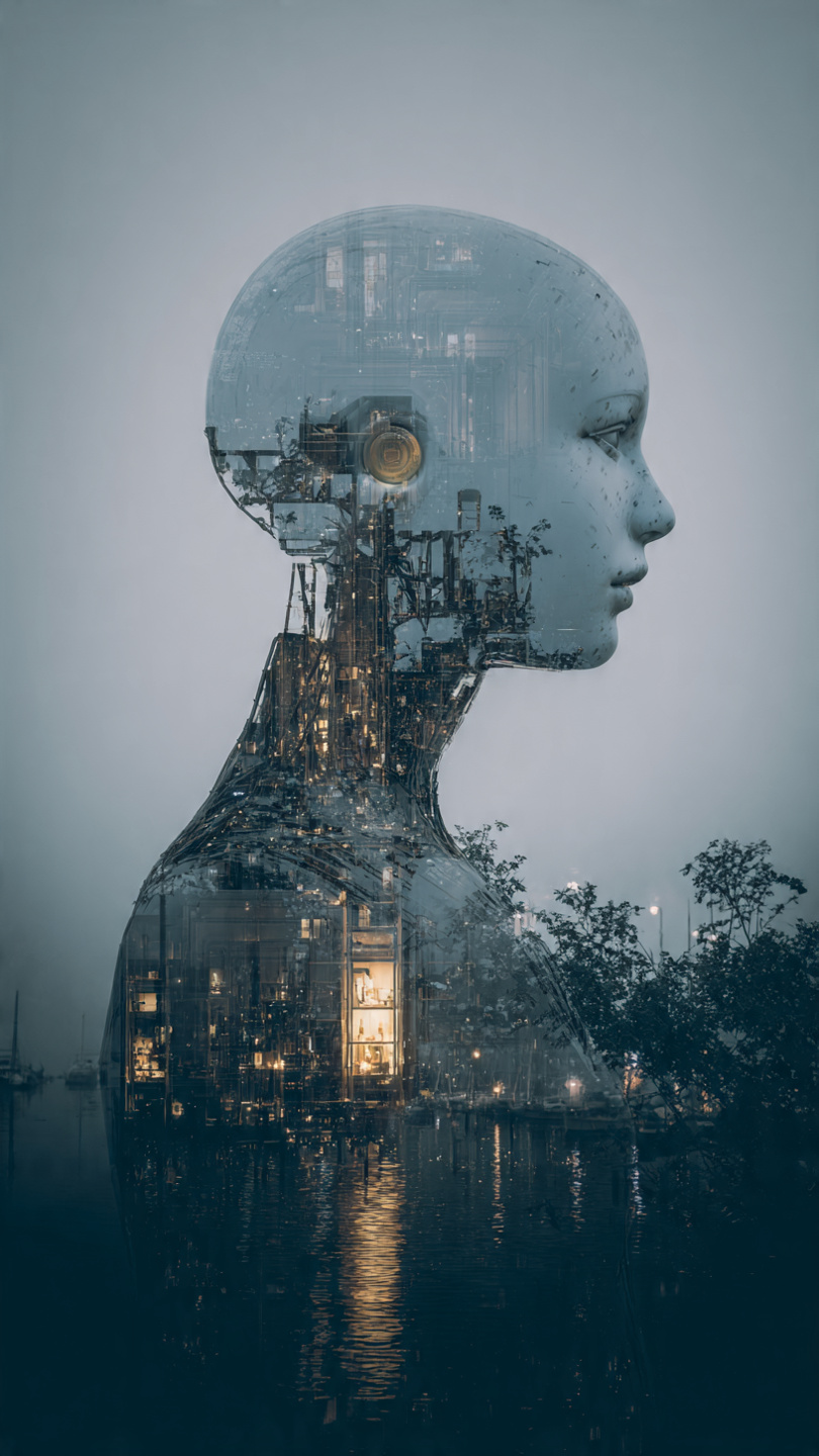 AI-integrert i samfunnet - en kunstnerisk fremstilling av kunstig intelligens som smelter sammen med bylandskap og teknologi