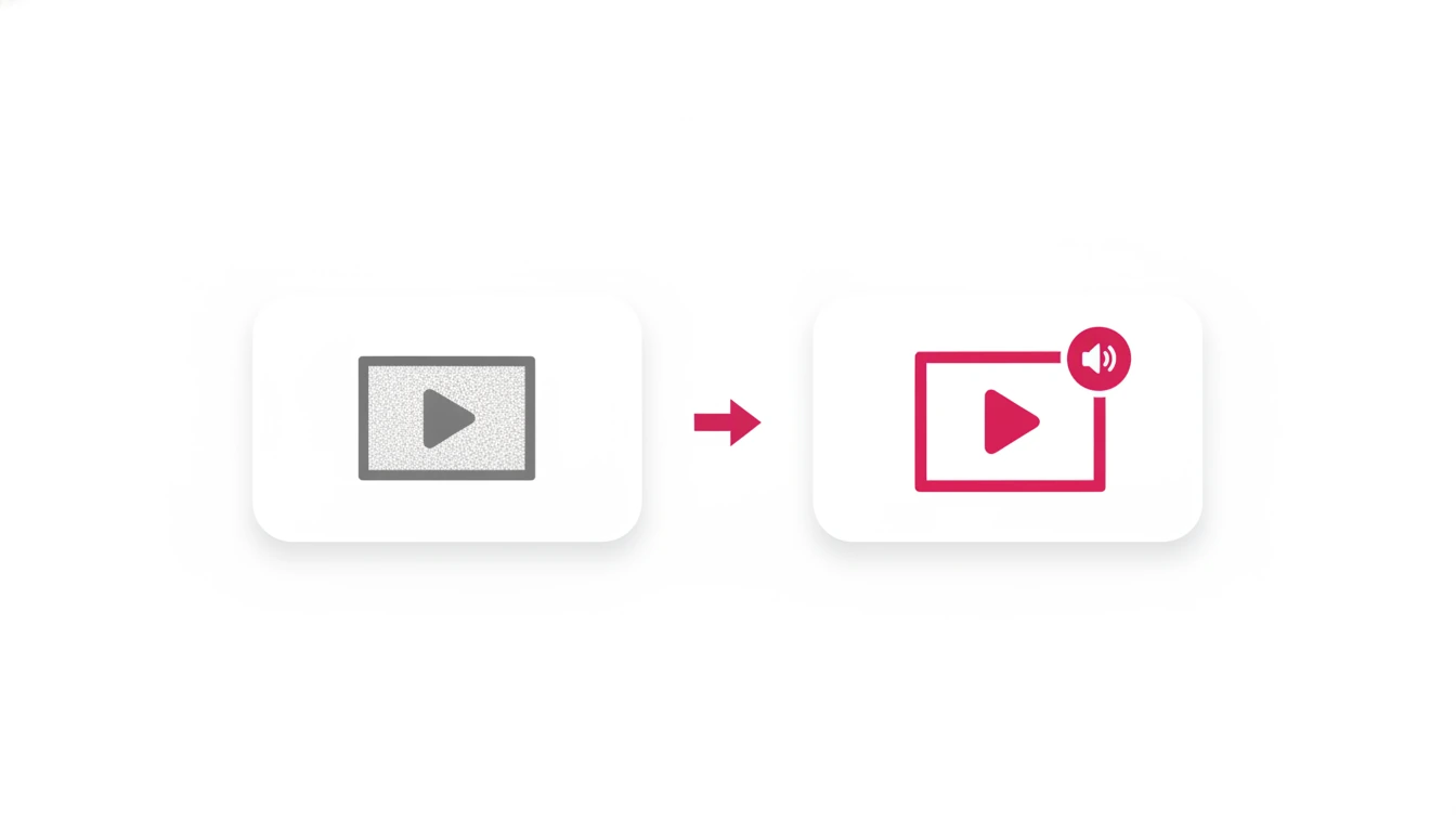 Et grynete grått videoikon ved siden av et skarpt rosa videoikon med lydsymbol viser fremgangen i AI-generert video