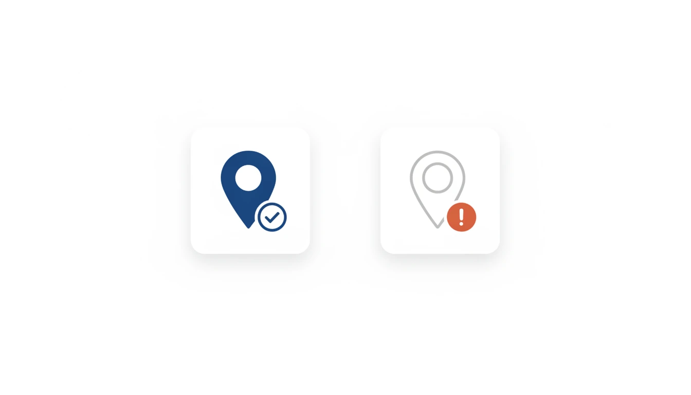 Et blått karttegn med godkjenningsmerke og et grått karttegn med varselmerke viser ekte og falske oppføringer i Google Maps.
