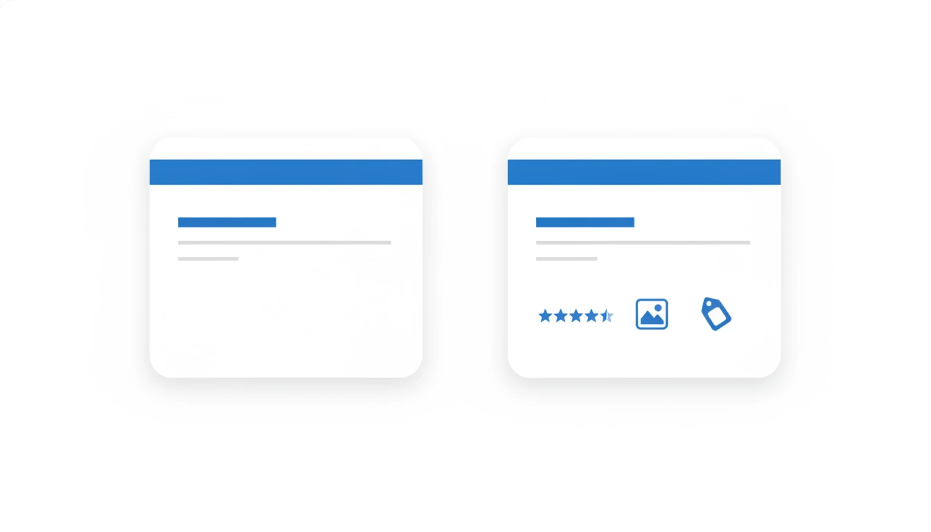 To søkeresultatkort viser at stjerner, et bilde og en prisetikett skiller rich snippets fra et vanlig treff
