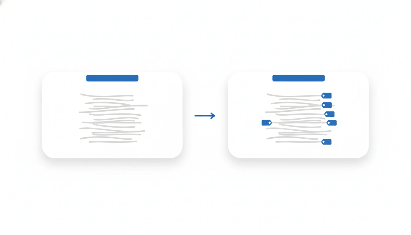 To hvite kort viser grå, umerkede tekstlinjer som får blå merkelapper og dermed blir strukturerte data