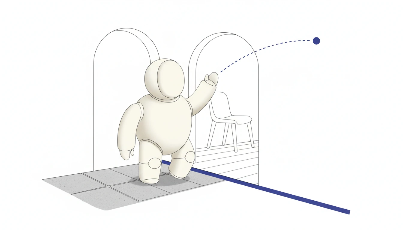 En robotfigur trer inn i en stue med en stiplet linje fra hånden til et signalpunkt som antyder fjernstyring.