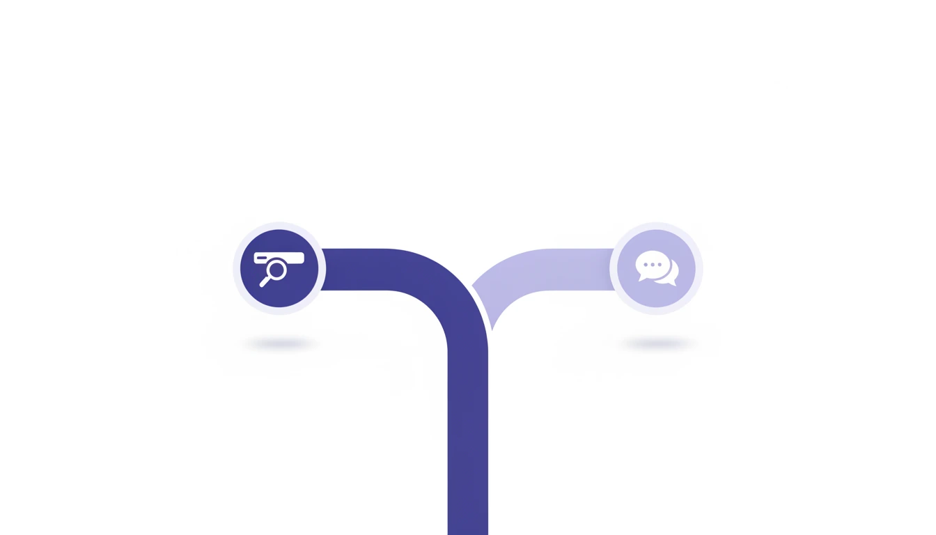 En sti deler seg i en bred indigo vei mot et søkeikon og en smalere vei mot en chatboble, som symbol på delt søkeadferd